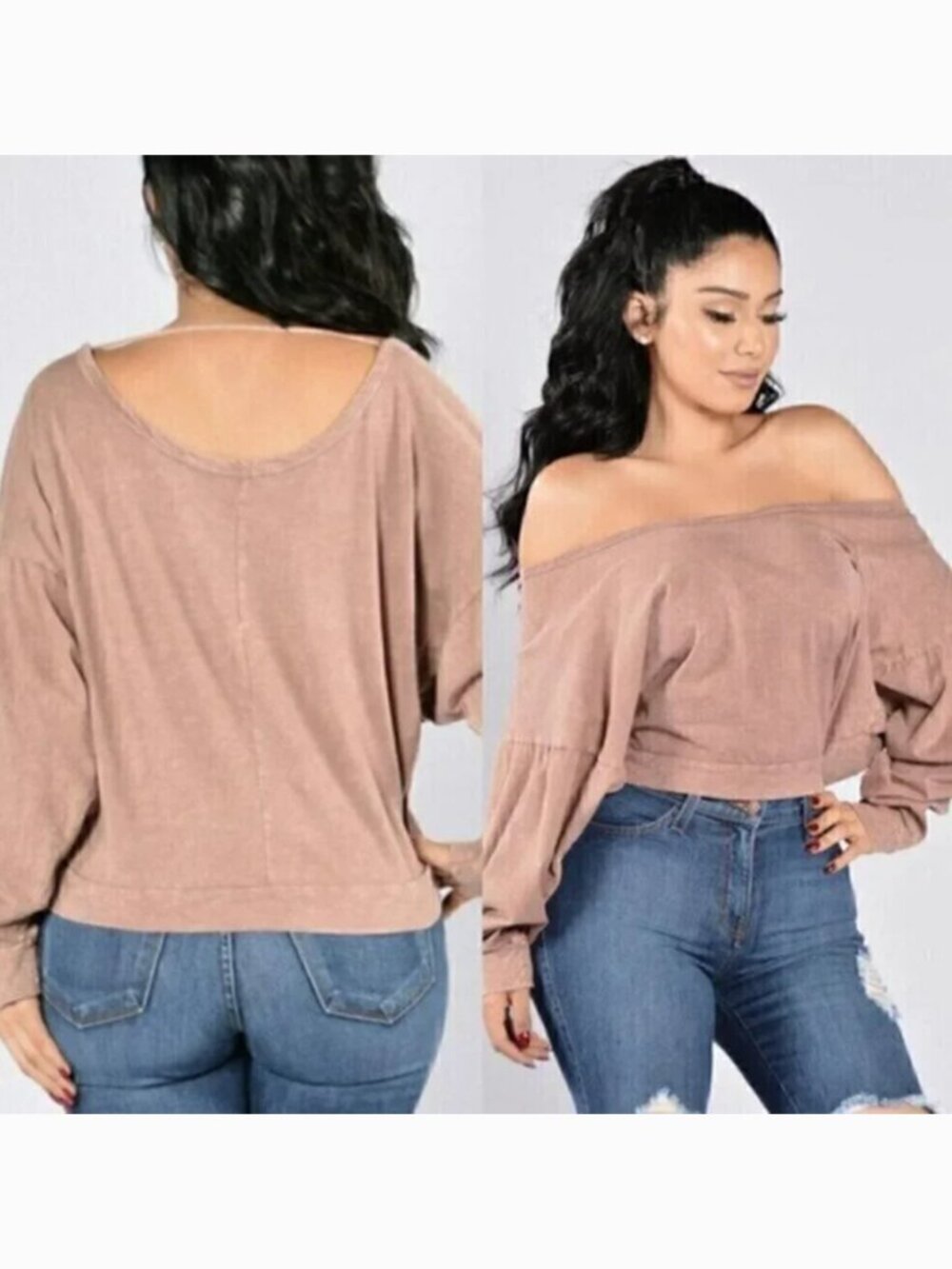 FASHION NOVA Crack of Dawn Top Mauve Pink Mineral Wash Back Strap Long Sleeve M